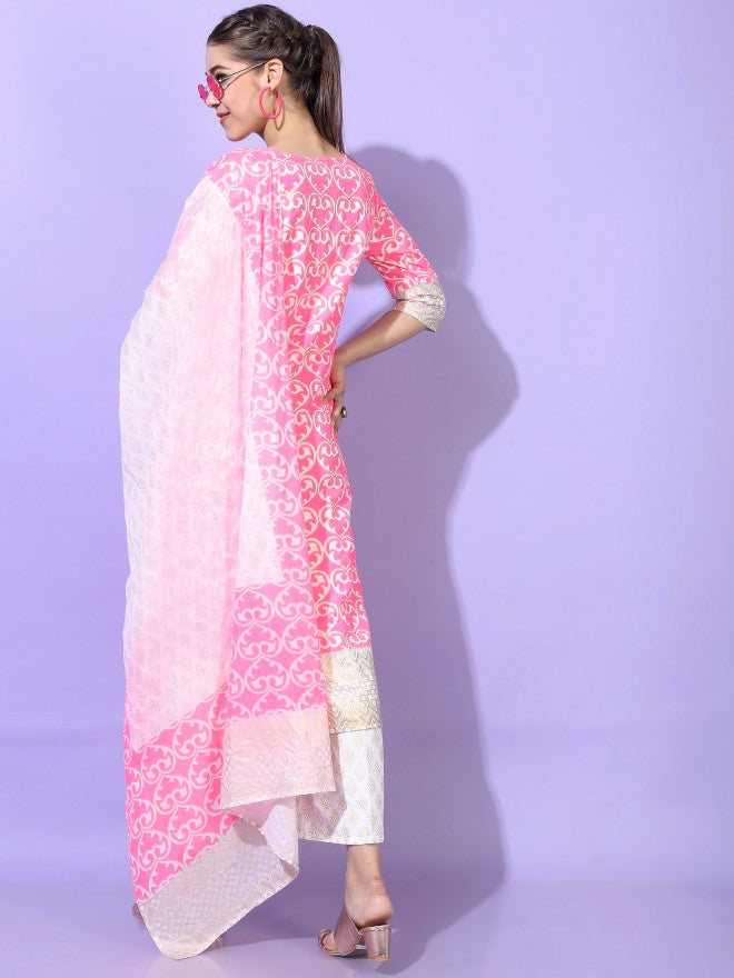 Vishudh Womens Straight Kurta With Palazzo And Dupatta - Pink - Image 3