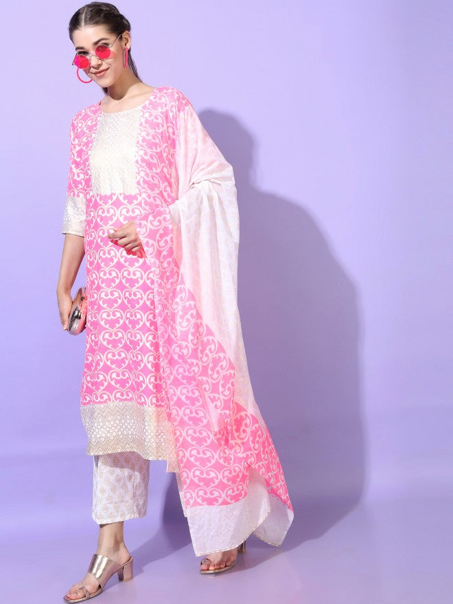 Vishudh Womens Straight Kurta With Palazzo And Dupatta - Pink - Image 5