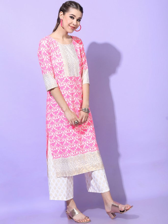 Vishudh Womens Straight Kurta With Palazzo And Dupatta - Pink - Image 6