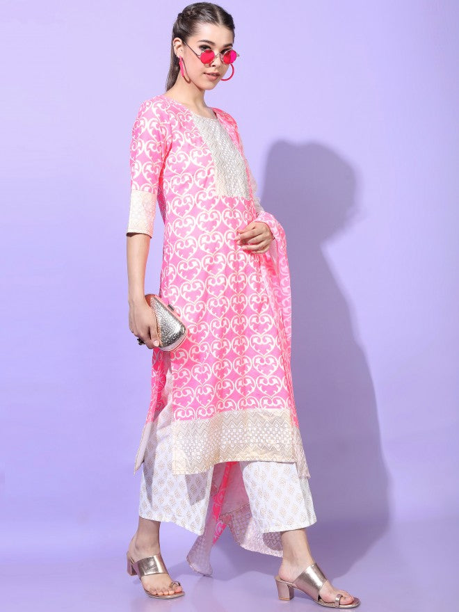 Vishudh Womens Straight Kurta With Palazzo And Dupatta - Pink - Image 7