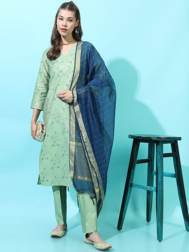 Vishudh Womens Straight Kurta With Palazzo And Dupatta - Green - Image 1