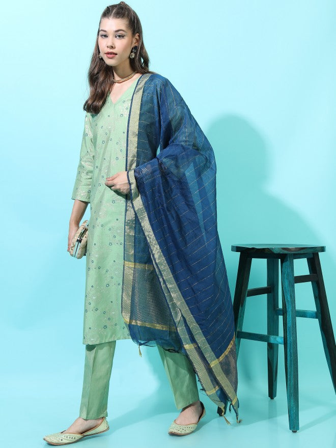 Vishudh Womens Straight Kurta With Palazzo And Dupatta - Green - Image 2