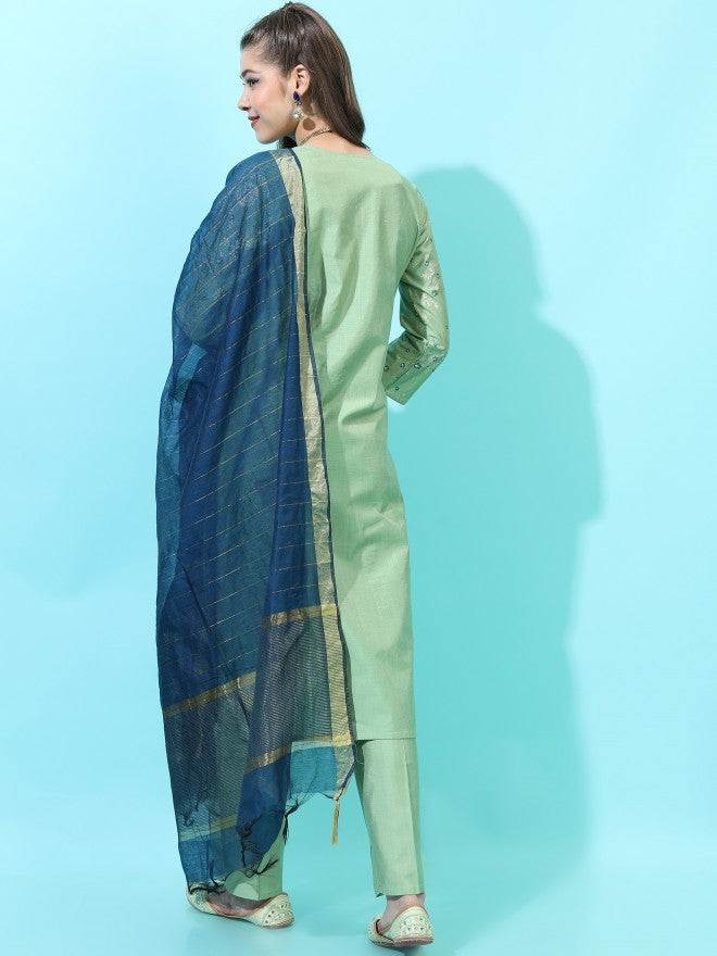 Vishudh Womens Straight Kurta With Palazzo And Dupatta - Green - Image 3
