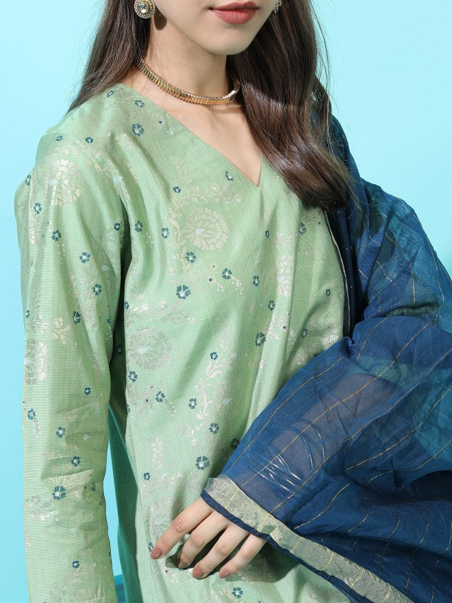 Vishudh Womens Straight Kurta With Palazzo And Dupatta - Green - Image 4