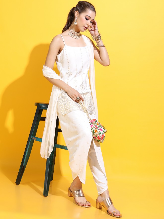 Vishudh Women Straight Top With Dhoti Pant And Dupatta - Off White - Image 1