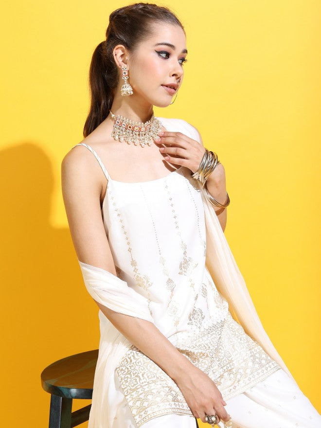 Vishudh Women Straight Top With Dhoti Pant And Dupatta - Off White - Image 2