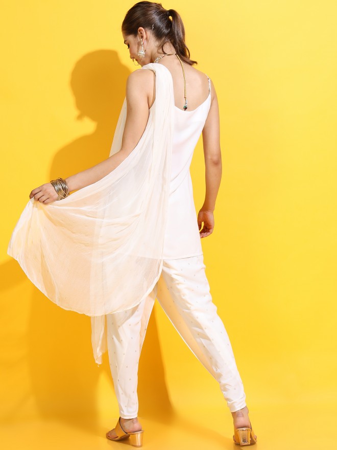 Vishudh Women Straight Top With Dhoti Pant And Dupatta - Off White - Image 3