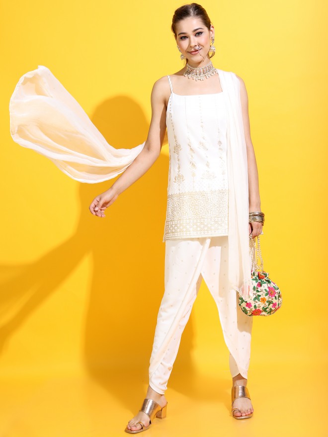 Vishudh Women Straight Top With Dhoti Pant And Dupatta - Off White - Image 5