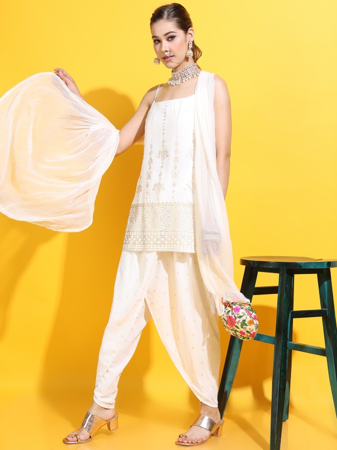 Vishudh Women Straight Top With Dhoti Pant And Dupatta - Off White - Image 9