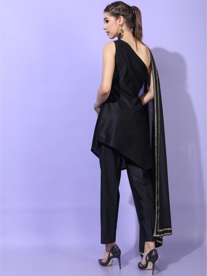 Vishudh Womens Printed Assymetric Short Kurta With Palazzo - Black - Image 3