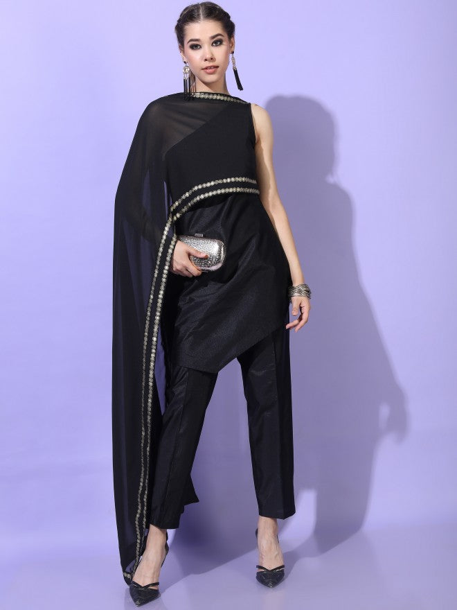 Vishudh Womens Printed Assymetric Short Kurta With Palazzo - Black - Image 5