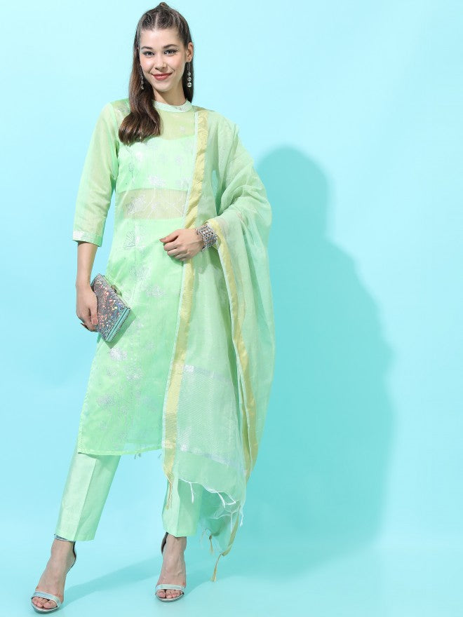 Vishudh Womens Straight Kurta With Palazzo And Dupatta - Green - Image 1