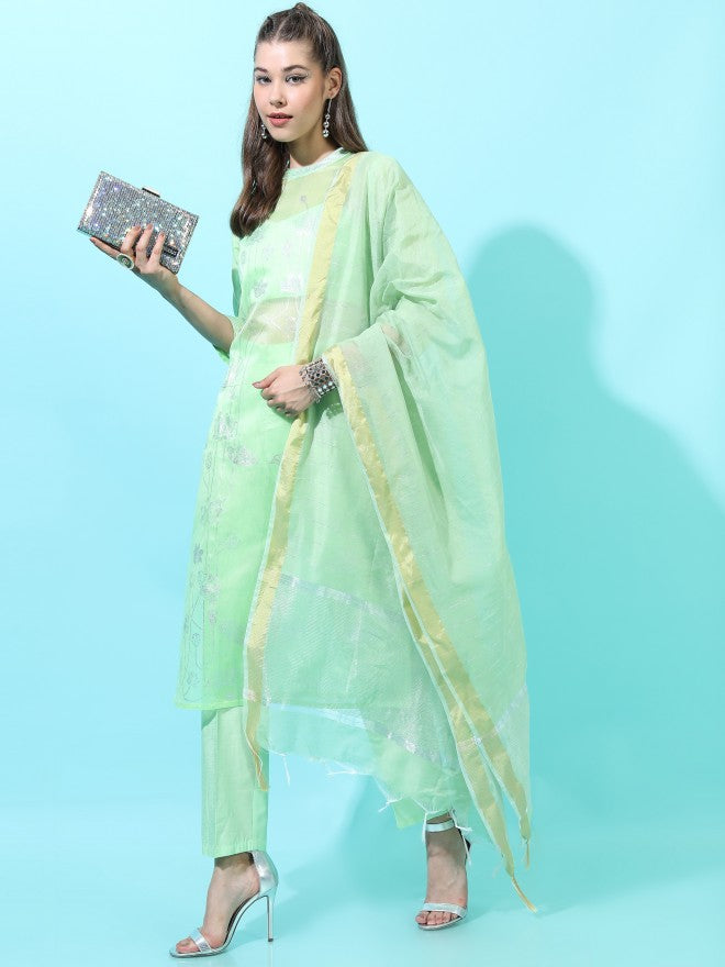 Vishudh Womens Straight Kurta With Palazzo And Dupatta - Green - Image 2