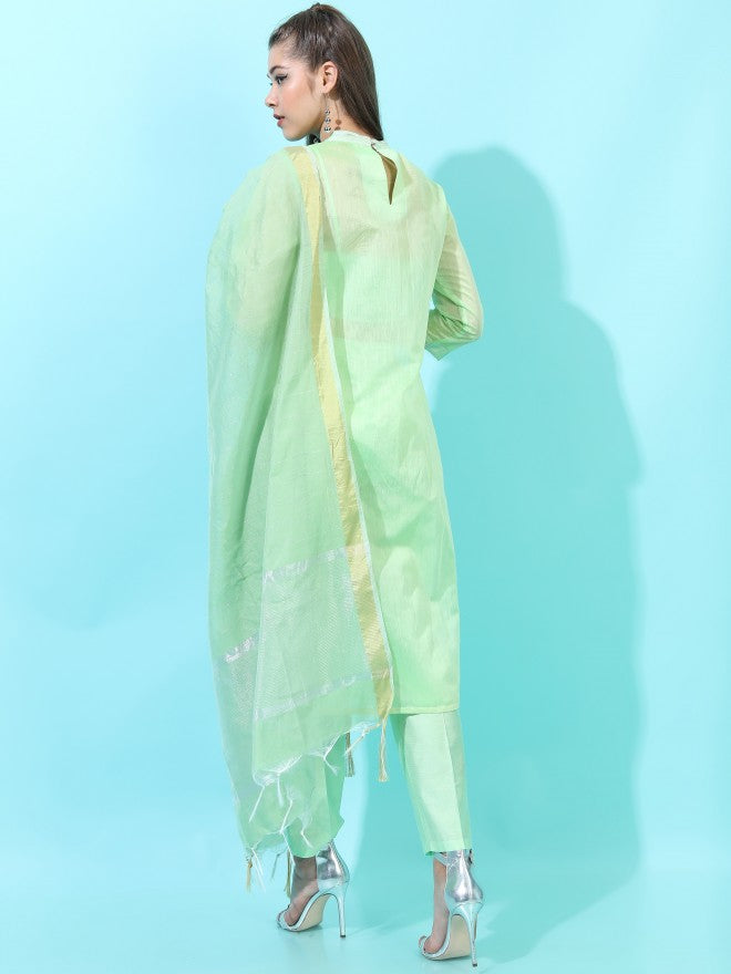 Vishudh Womens Straight Kurta With Palazzo And Dupatta - Green - Image 3