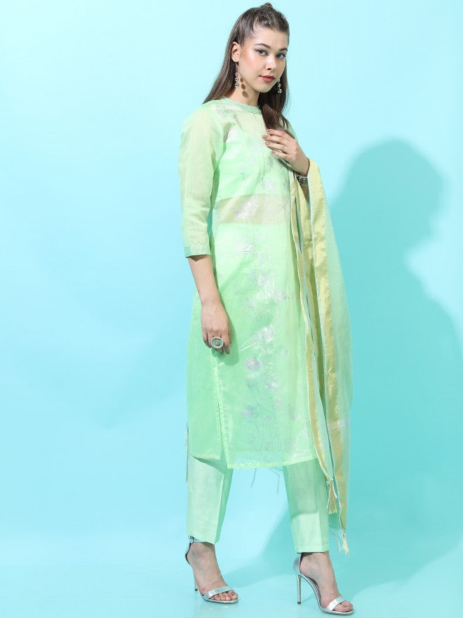 Vishudh Womens Straight Kurta With Palazzo And Dupatta - Green - Image 5