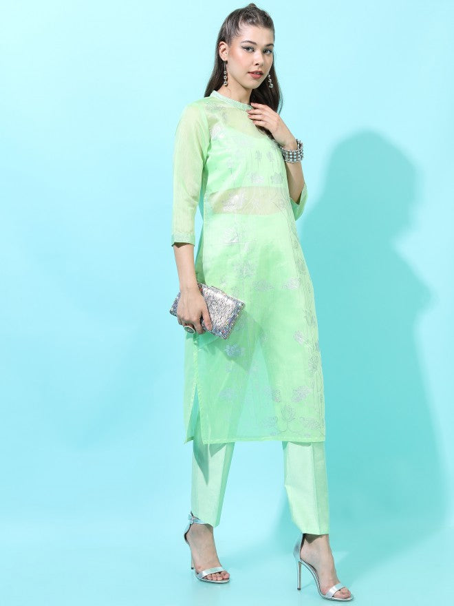 Vishudh Womens Straight Kurta With Palazzo And Dupatta - Green - Image 8