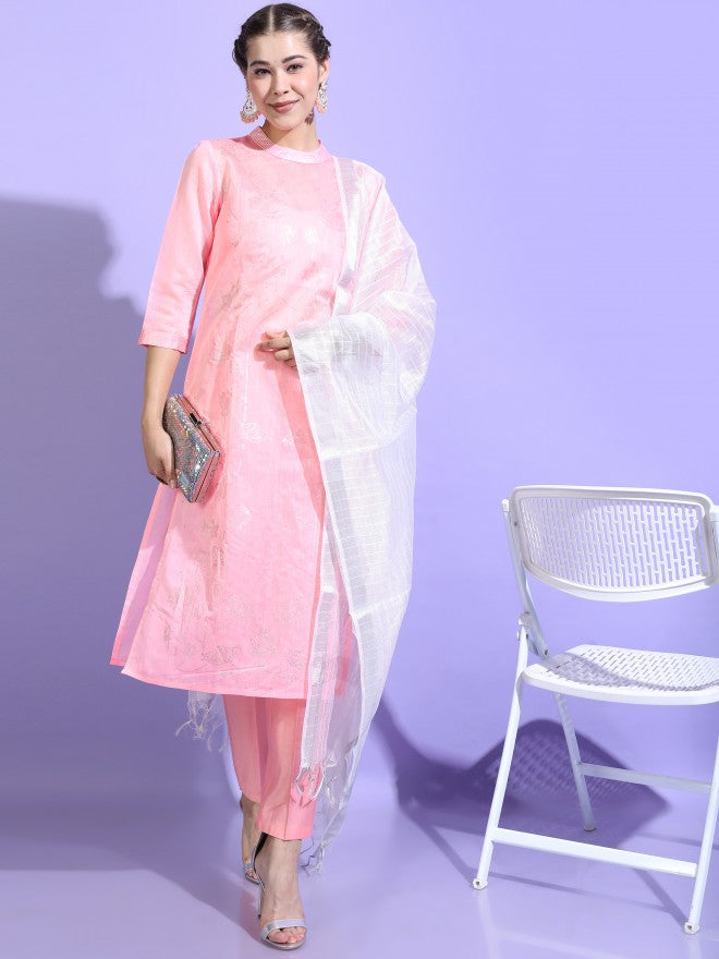 Vishudh Womens Straight Kurta With Palazzo And Dupatta - Pink - Image 1