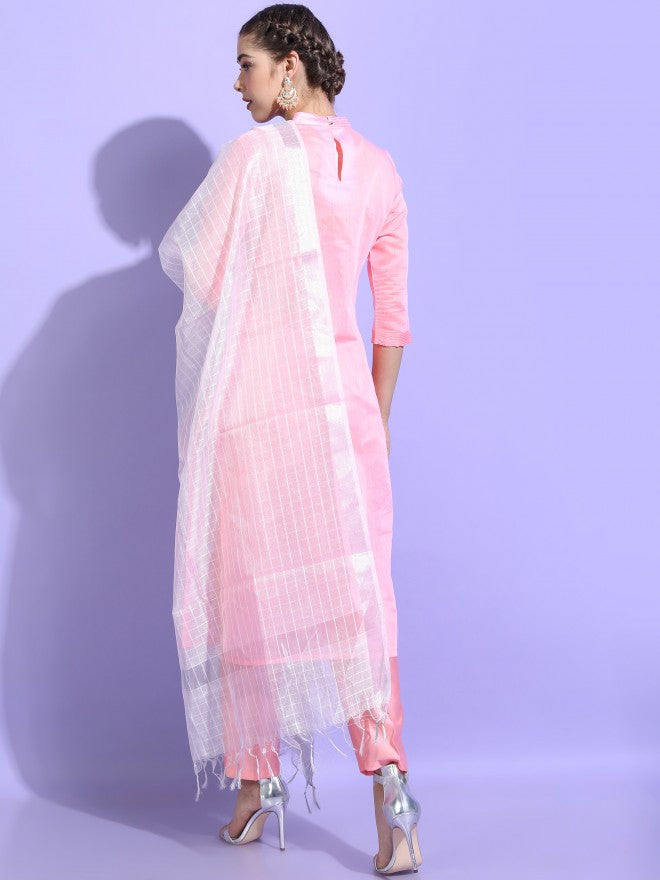 Vishudh Womens Straight Kurta With Palazzo And Dupatta - Pink - Image 3