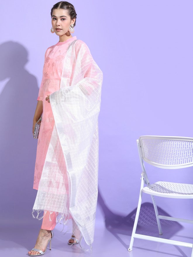 Vishudh Womens Straight Kurta With Palazzo And Dupatta - Pink - Image 5