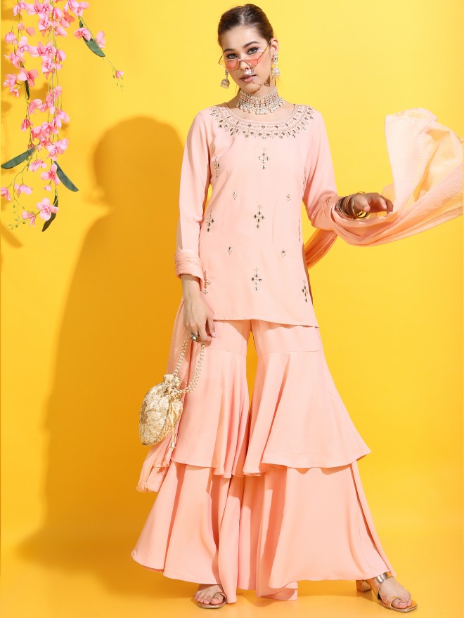 Vishudh Women Straight Kurta With Sharara And Dupatta - Beige - Image 1