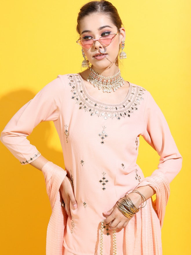 Vishudh Women Straight Kurta With Sharara And Dupatta - Beige - Image 2
