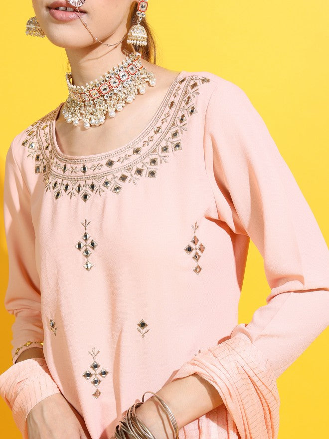 Vishudh Women Straight Kurta With Sharara And Dupatta - Beige - Image 4