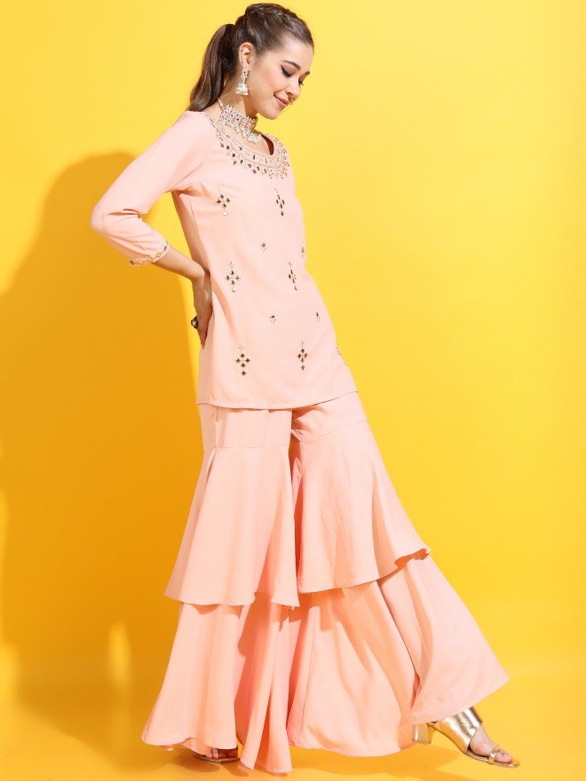 Vishudh Women Straight Kurta With Sharara And Dupatta - Beige - Image 5