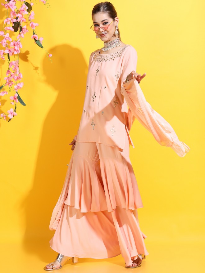 Vishudh Women Straight Kurta With Sharara And Dupatta - Beige - Image 8