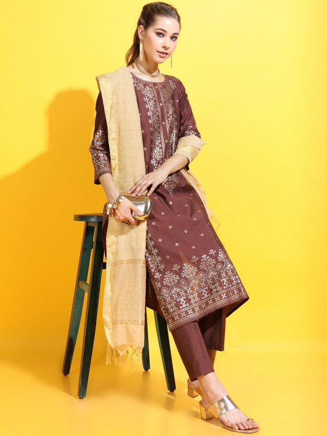 Vishudh Womens Straight Kurta With Palazzo And Dupatta - Maroon - Image 1