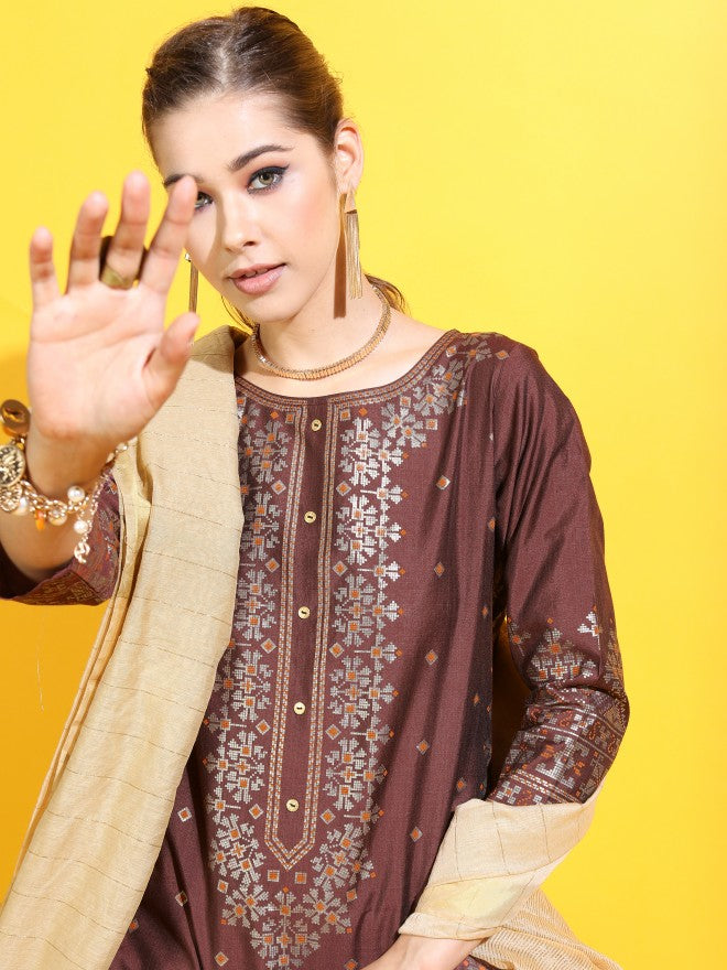 Vishudh Womens Straight Kurta With Palazzo And Dupatta - Maroon - Image 2