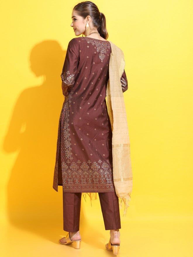 Vishudh Womens Straight Kurta With Palazzo And Dupatta - Maroon - Image 3