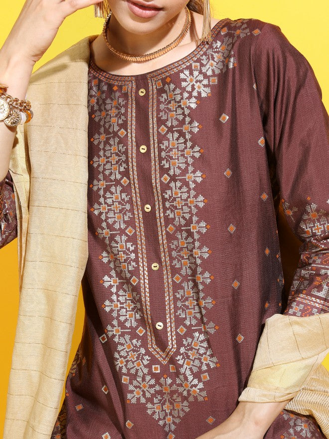 Vishudh Womens Straight Kurta With Palazzo And Dupatta - Maroon - Image 4