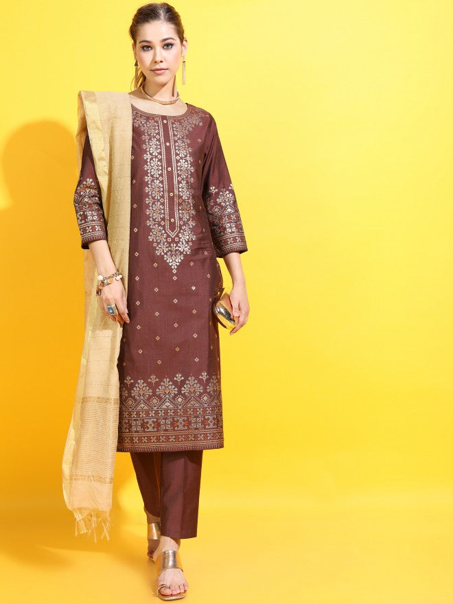 Vishudh Womens Straight Kurta With Palazzo And Dupatta - Maroon - Image 5