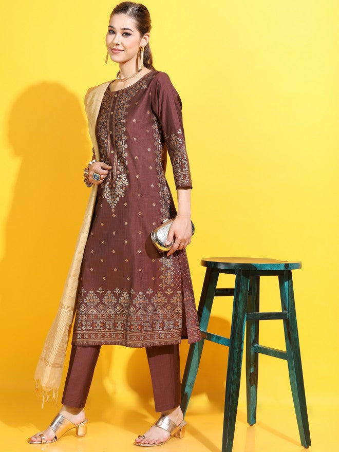 Vishudh Womens Straight Kurta With Palazzo And Dupatta - Maroon - Image 6