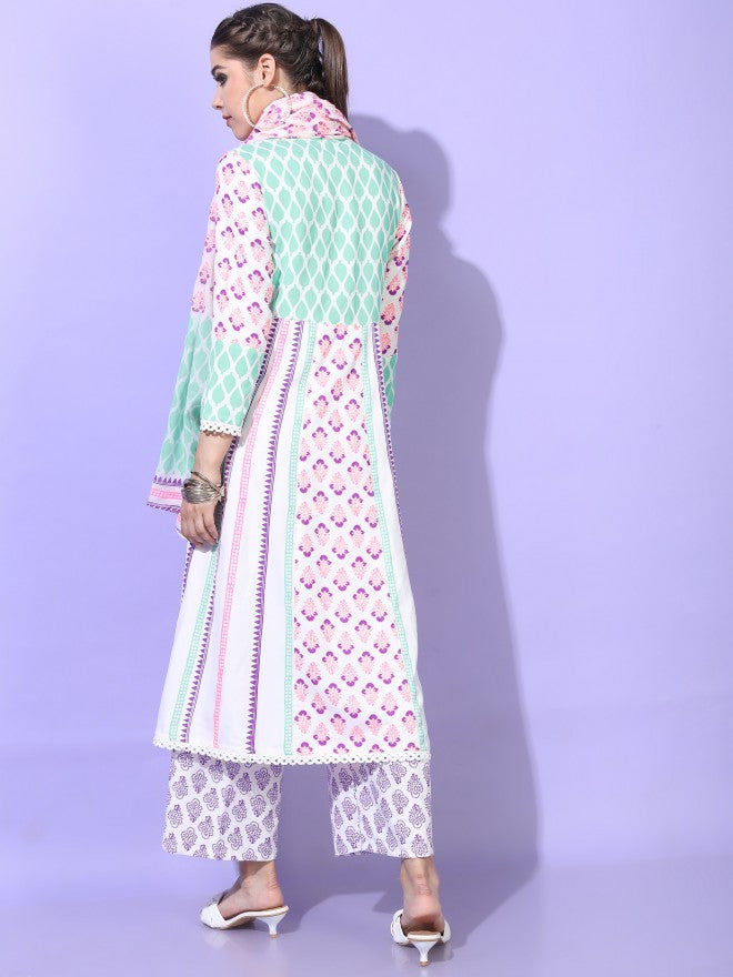 Vishudh Womens A-Line Kurta With Palazzo And Dupatta - White - Image 3