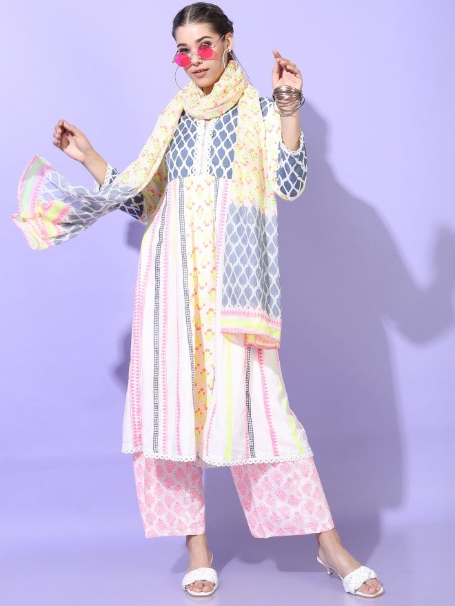 Vishudh Womens A-Line Kurta With Palazzo And Dupatta - White - Image 1