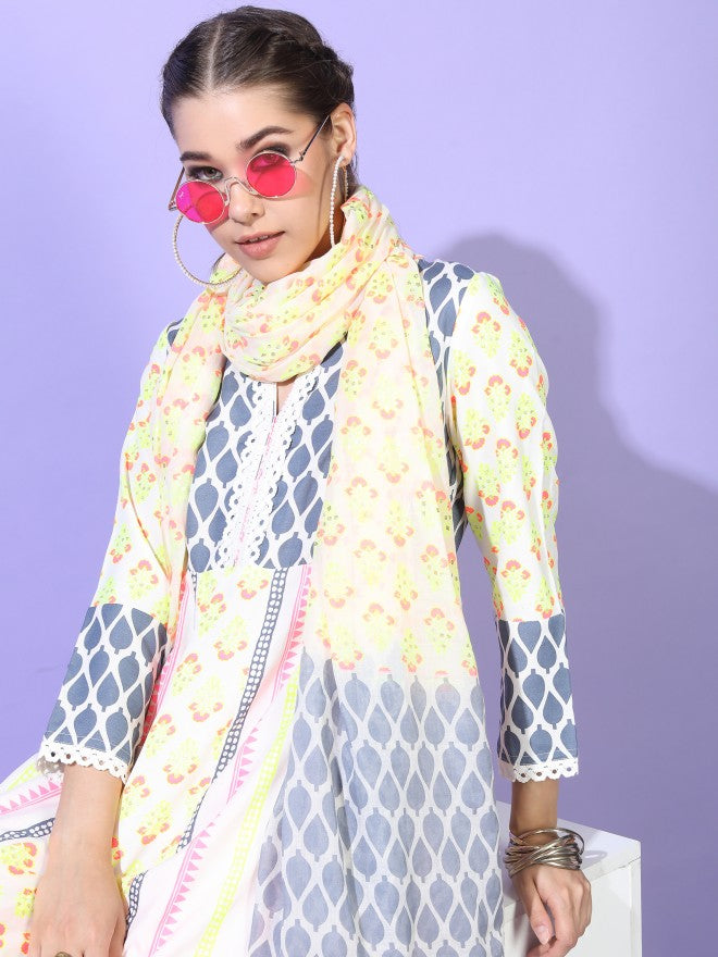 Vishudh Womens A-Line Kurta With Palazzo And Dupatta - White - Image 2