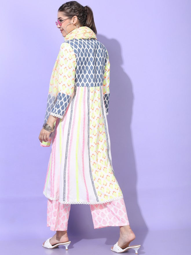 Vishudh Womens A-Line Kurta With Palazzo And Dupatta - White - Image 3