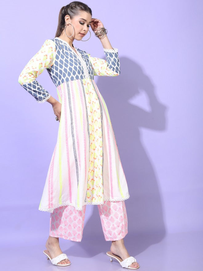 Vishudh Womens A-Line Kurta With Palazzo And Dupatta - White - Image 5