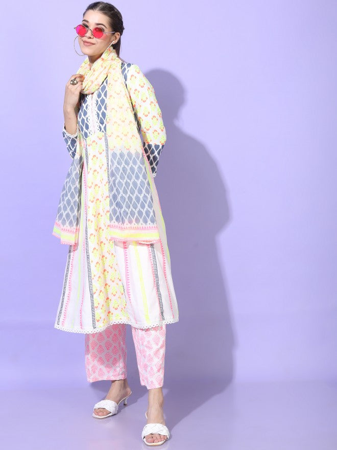 Vishudh Womens A-Line Kurta With Palazzo And Dupatta - White - Image 6