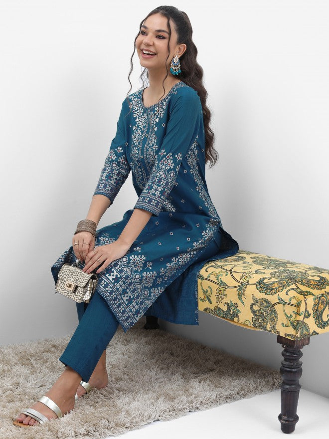 Vishudh Women Blue Printed Kurta With Trouser - Blue - Image 1
