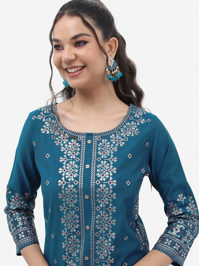 Vishudh Women Blue Printed Kurta With Trouser - Blue - Image 2