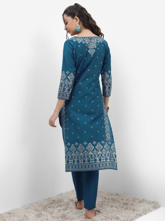Vishudh Women Blue Printed Kurta With Trouser - Blue - Image 3