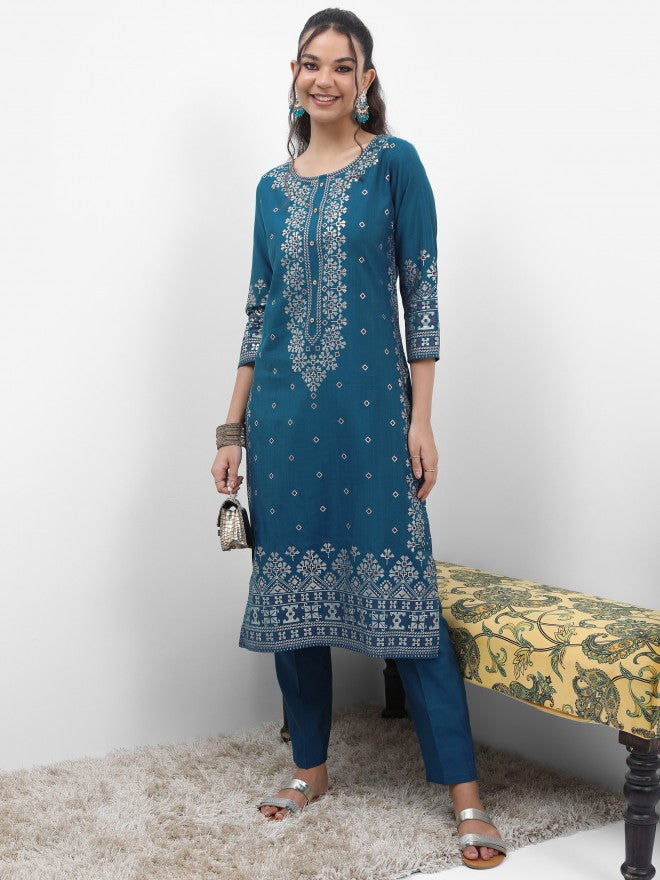 Vishudh Women Blue Printed Kurta With Trouser - Blue - Image 4