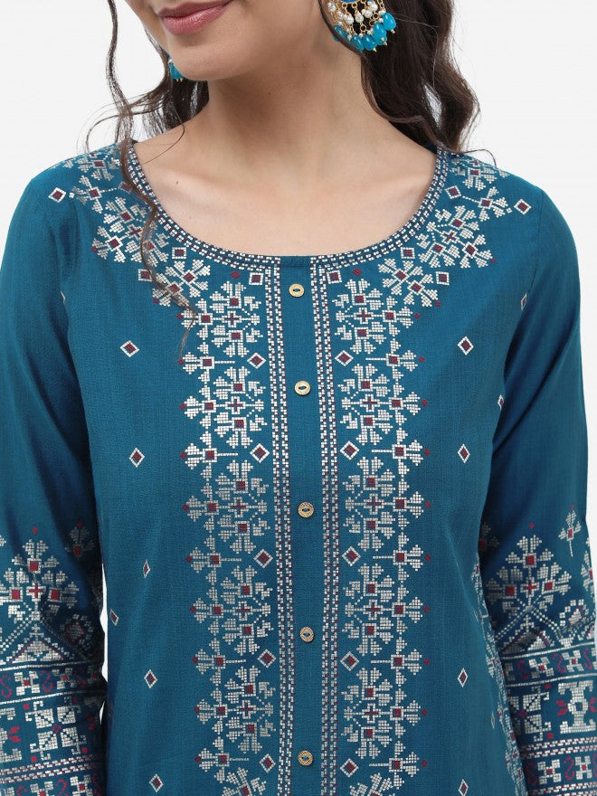 Vishudh Women Blue Printed Kurta With Trouser - Blue - Image 5