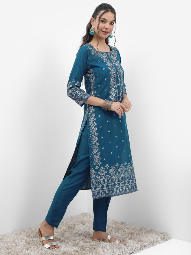 Vishudh Women Blue Printed Kurta With Trouser - Blue - Image 6