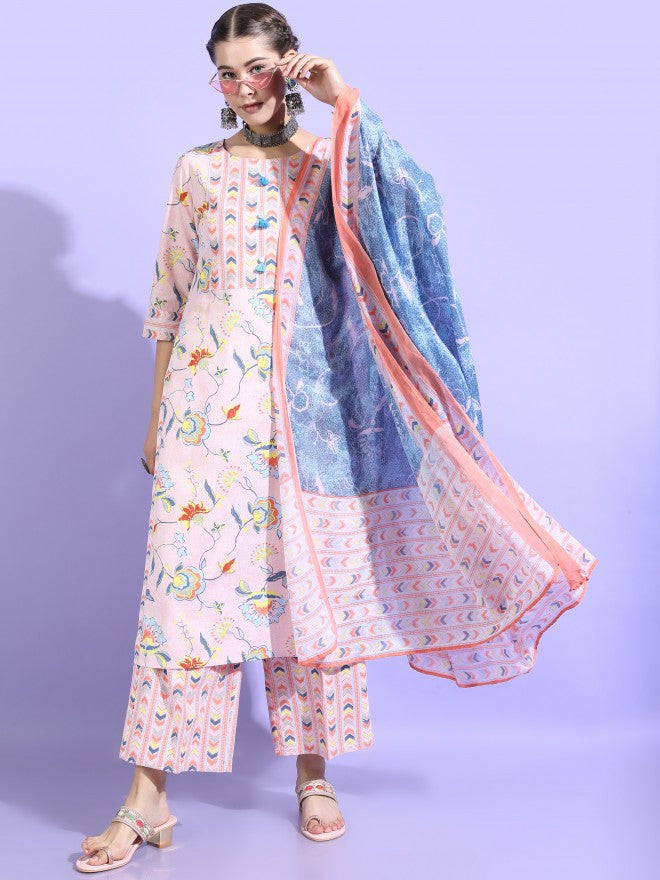 Vishudh Womens Straight Kurta With Palazzo And Dupatta - Pink - Image 1