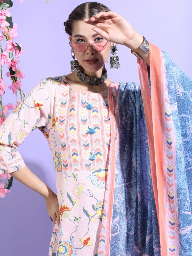 Vishudh Womens Straight Kurta With Palazzo And Dupatta - Pink - Image 2