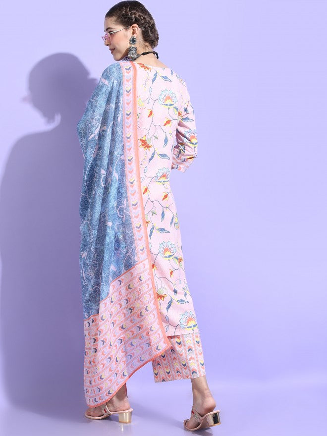 Vishudh Womens Straight Kurta With Palazzo And Dupatta - Pink - Image 3