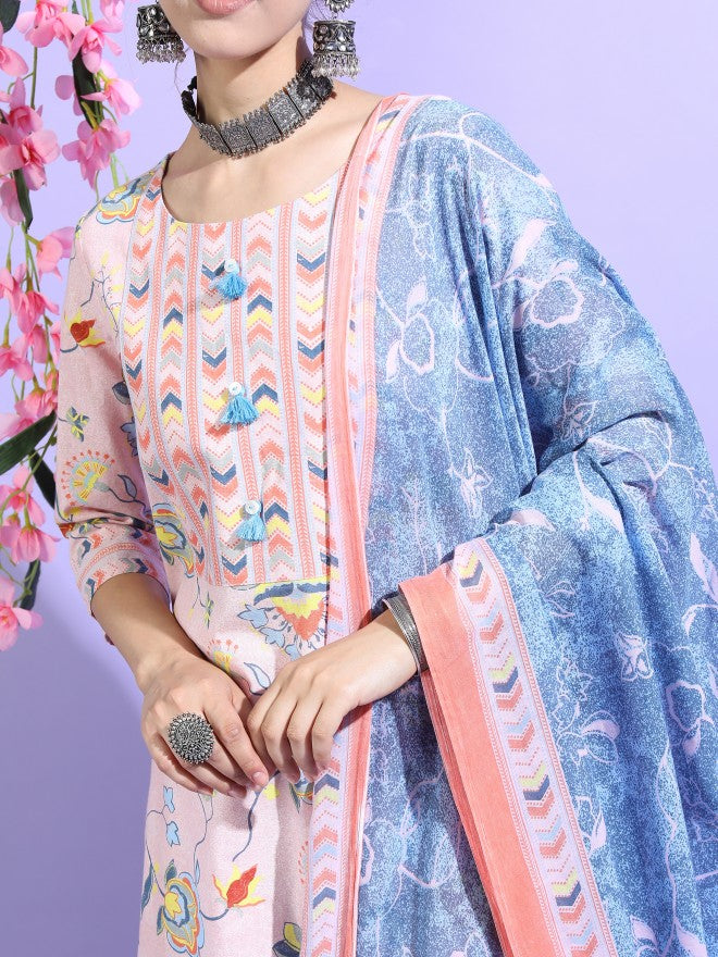 Vishudh Womens Straight Kurta With Palazzo And Dupatta - Pink - Image 4